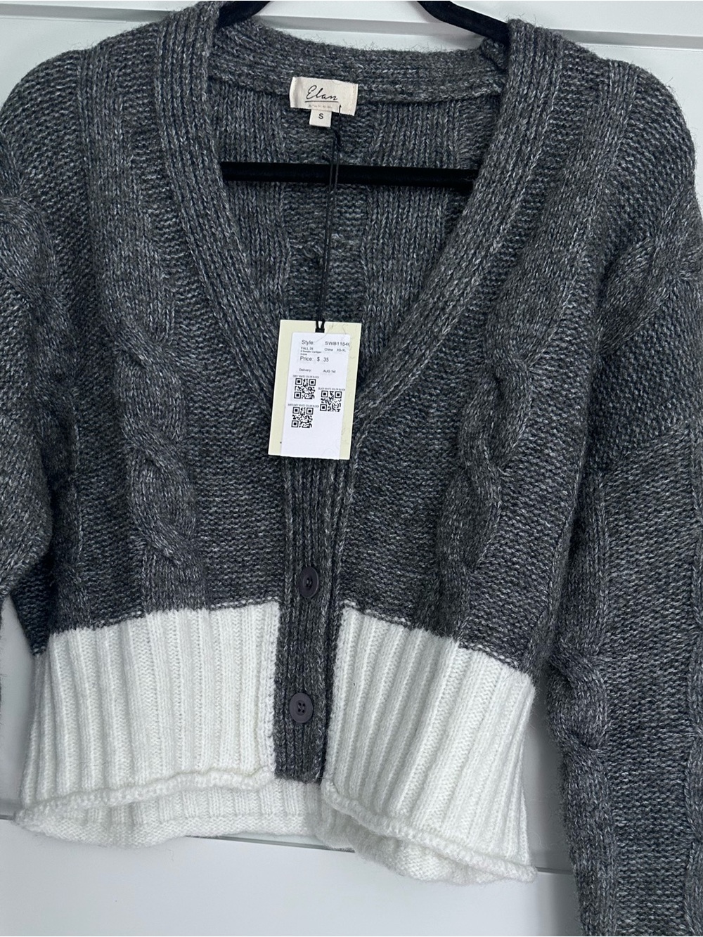 Elan Gray and White V-Neck Cable Knit Cardigan